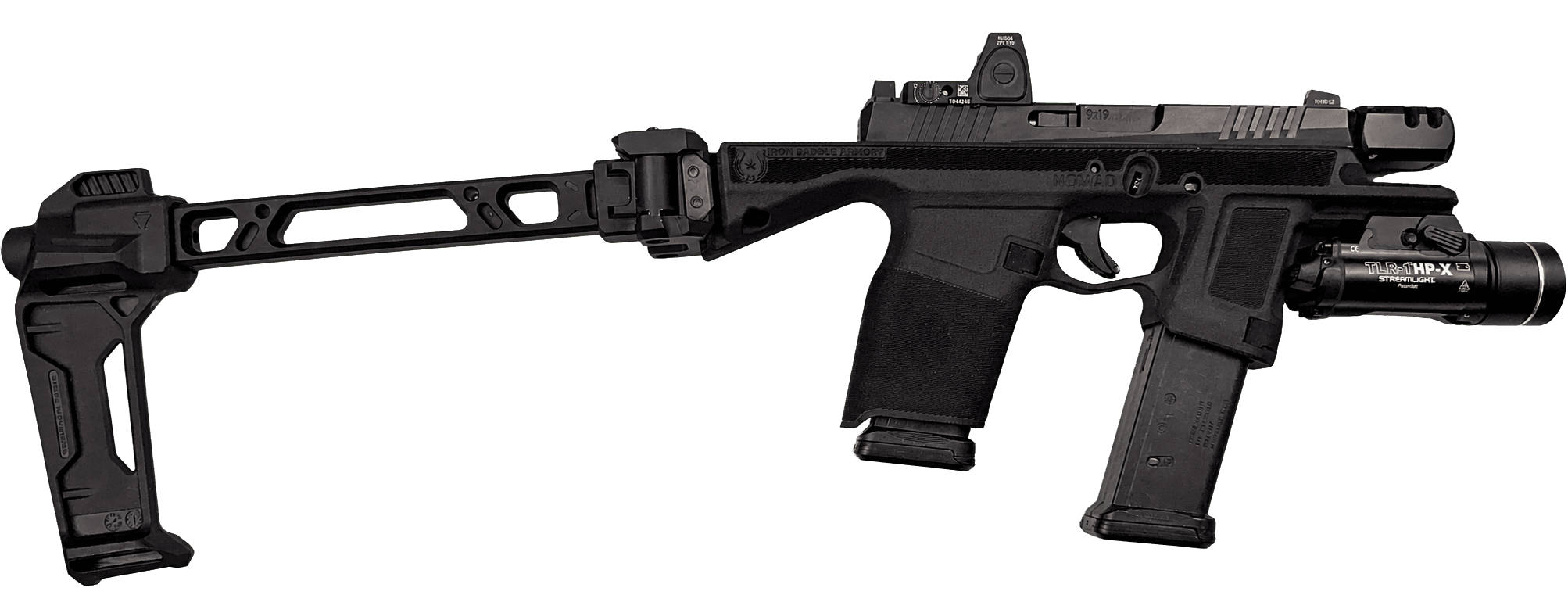 Iron Saddle Armory Nomad PDW chassis for the Ruger RXM, opposite-side view